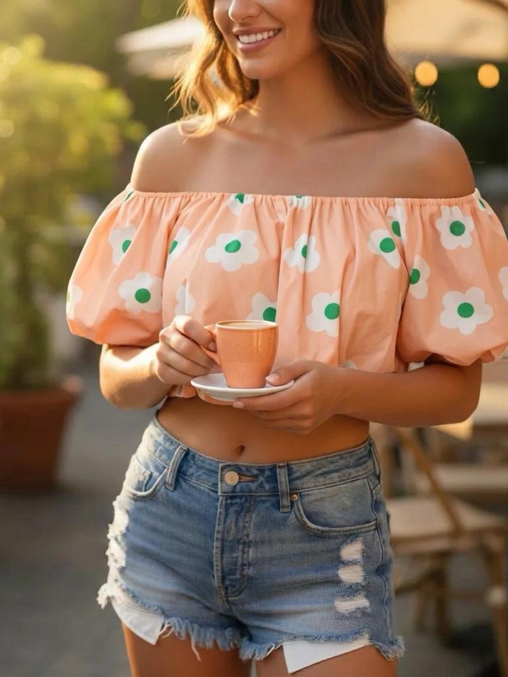 Peach Floral Puff-Sleeve Crop Top - Picture 1 of 16